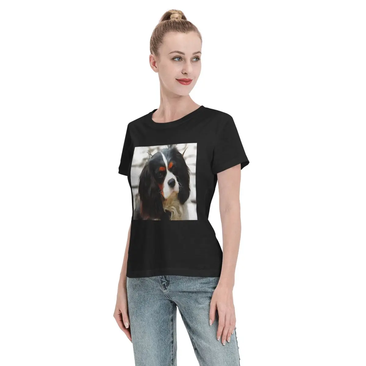 كافالير كينغ تشارلز الذليل الكلب تي شيرت المرأة قصيرة الأكمام تي شيرت طاقم الرقبة الملابس القطن الصيف تيز الشارع الشهير