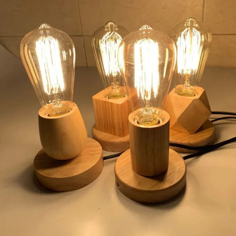 Retro Wood Lamp Holder Vintage Desk Lamp Bases EU Plug Bedside Lamp Home Decoration Lighting Accessories