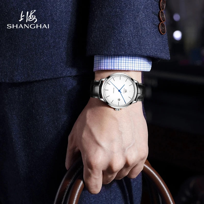 2025 Шанхайские мужские механические наручные часы Деловые часы-календарь 50 м Водонепроницаемая кожаная пряжка Мужские часы 792