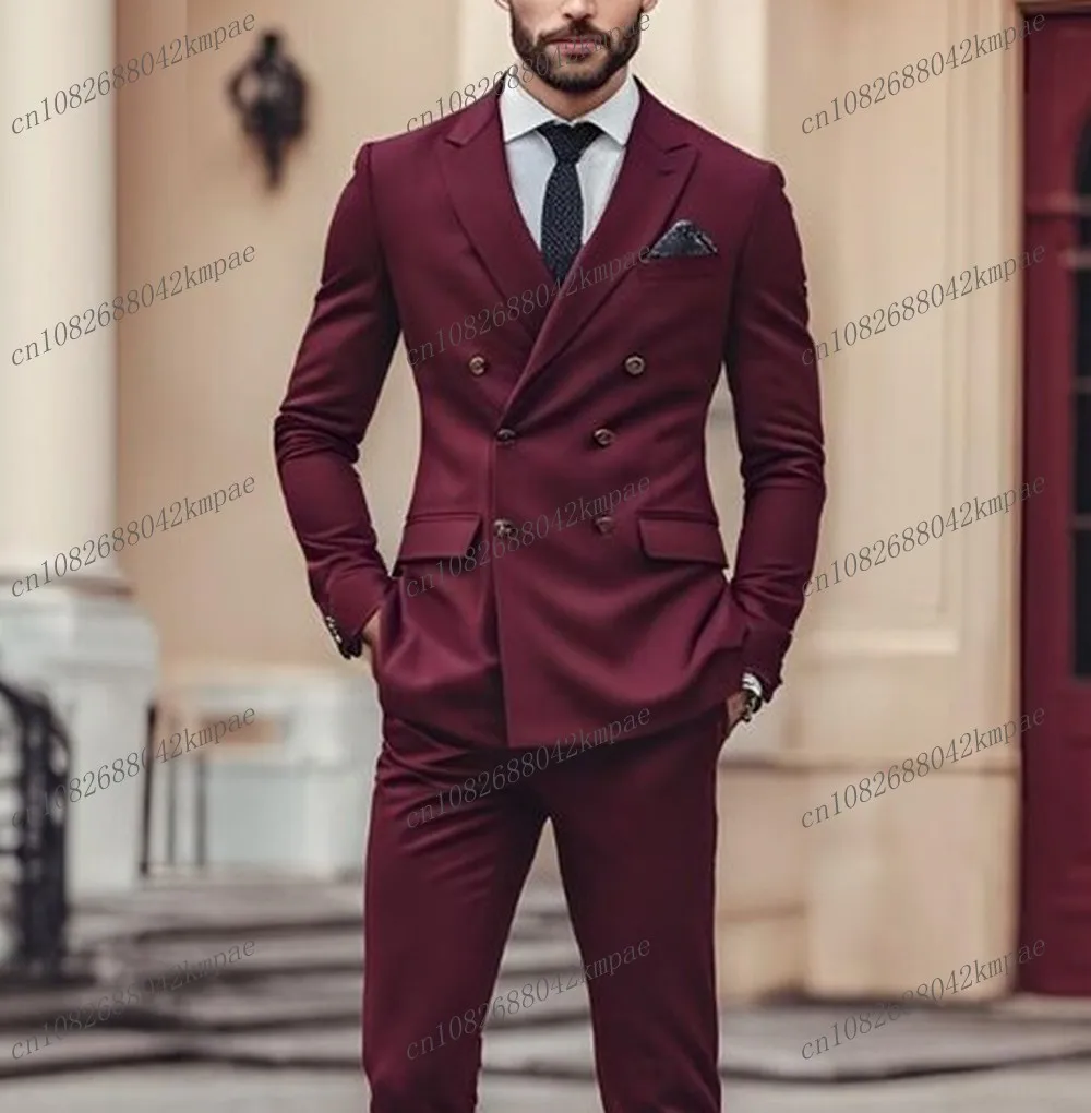 

Fashion Formal Occasion Burgundy Men Business Suit Groom Groomsman Wedding Party Prom Male Tuxedos 2 Piece Set Blazer Pants