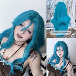 Pelucas sintéticas azules de aciano para mujer, pelo largo y ondulado Natural de 26 pulgadas, parte media, fiesta de Cosplay Drag Queen, resistente al calor