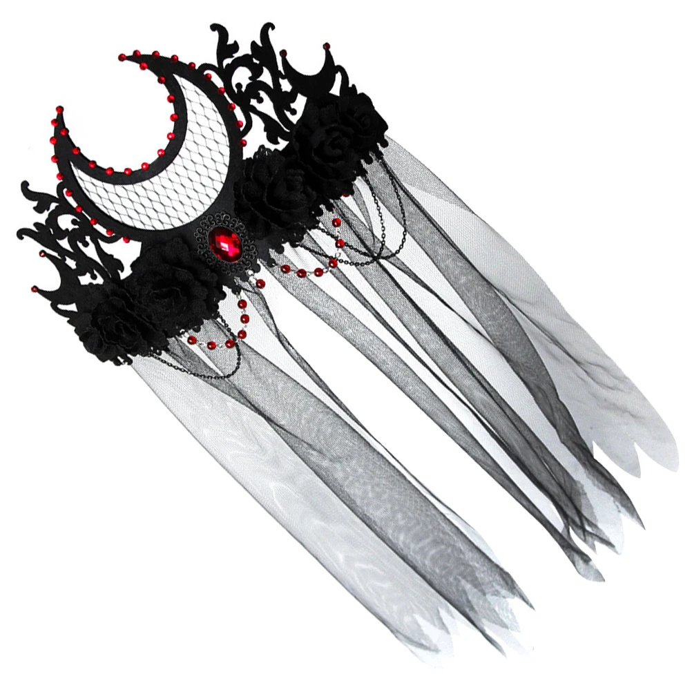 Gothic Crown Headwear with Black Veil for Halloween Costume Party Witch Masquerade Accessory Women Cosplay Stage Performance