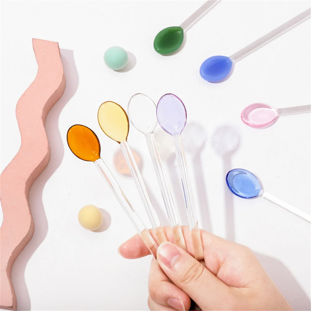 Exquisite Colorful Glass Spoon High Temperature Resistant Spoon Long Handle Juice Coffee Stirring Spoon Milk Dessert Spoons