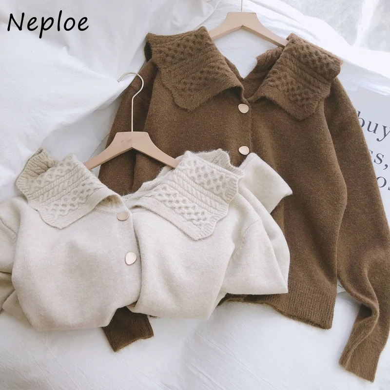 

Pure Color Sweater Women 2022 Autumn and Winter New Korean Woman Sweaters Loose Peter Pan Collar Knitted Cardigan Jacket