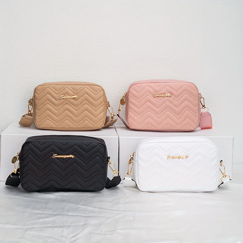 

An embroidered wave patterned crossbody bag with wide shoulder straps and letter labels, a fashionable and simple casual small s