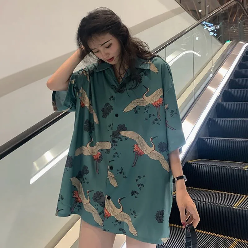 Fashion Woman Blouses 2022 Crane Print Short Sleeve Loose Women\'s Casual Summer Blouses Harajuku Vintage Top Female