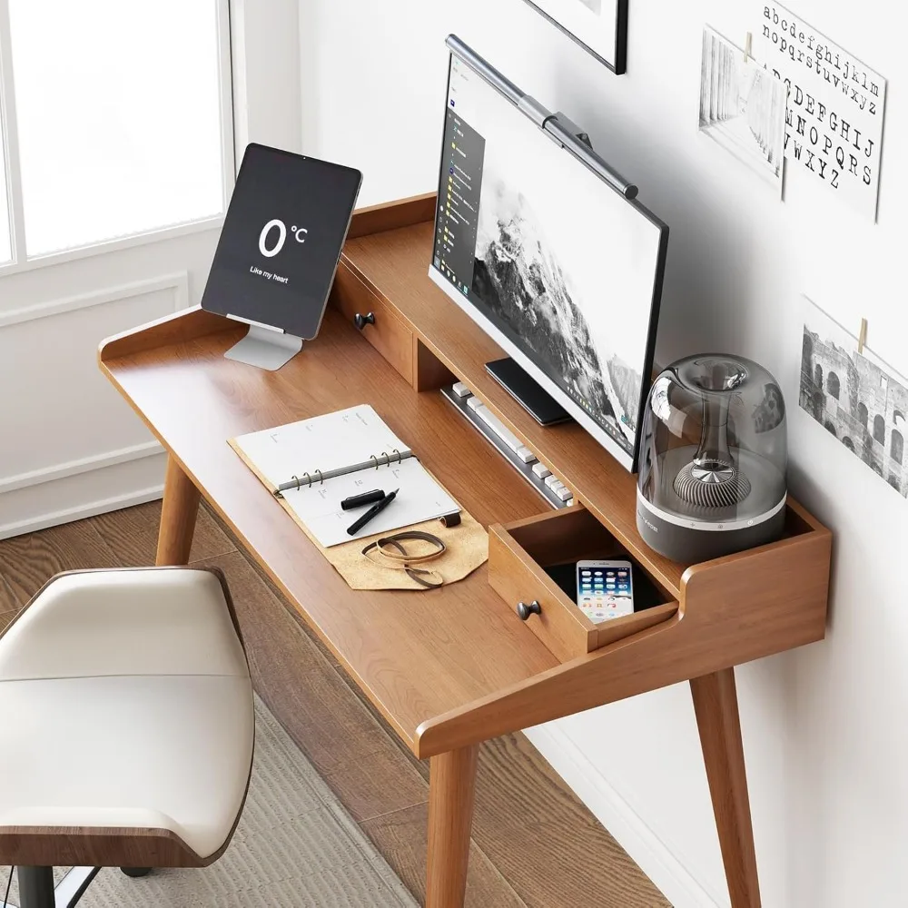 Bureau moderne du milieu du siècle, bureau à domicile en bois de 43 pouces pour écrire sur un ordinateur ou un ordinateur portable avec support de moniteur et rangement ouvert Cubby