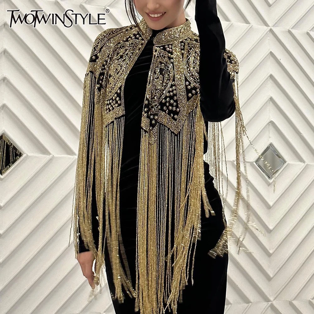 TWOTWINSTYLE Chic Formal Ceremonies Gold Fringe Cape for Women Stand Collar Luxury Beading Decoration for Red Carpet Gala Events