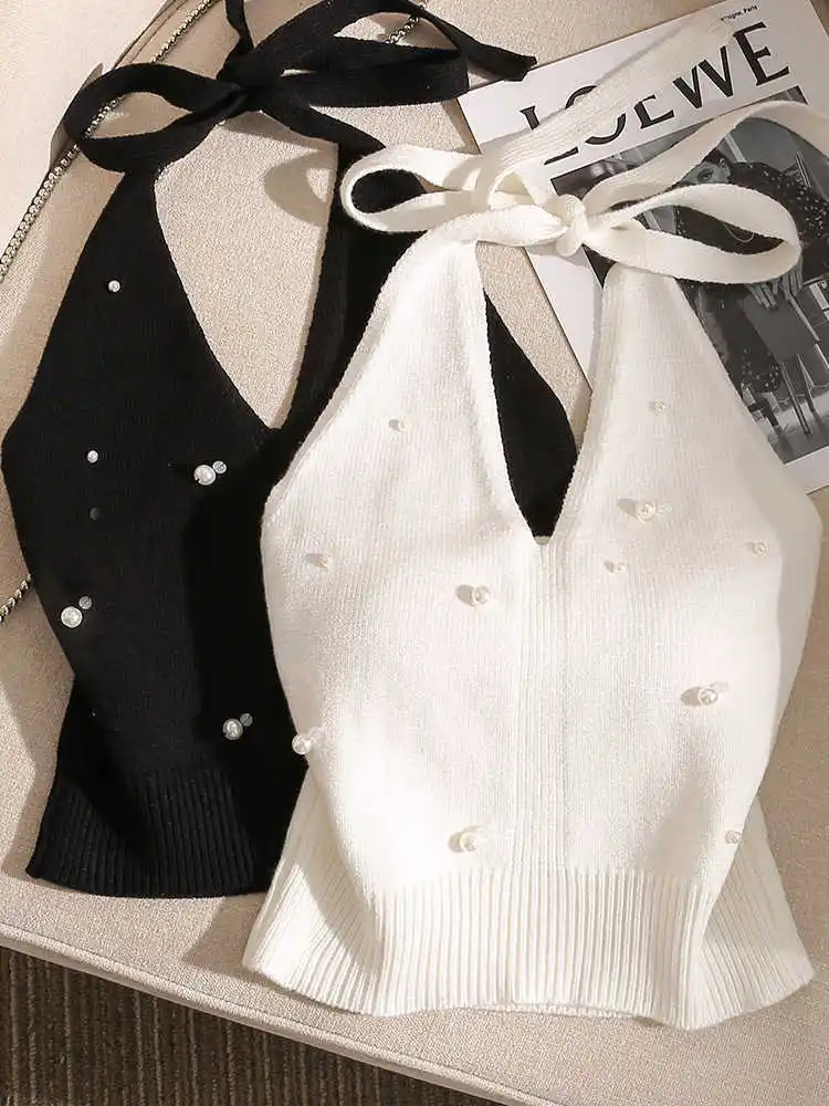 

Y2K Топ с открытой спиной и лямкой на шее Бежевая майка на шнуровке с жемчужными деталями Сексуальный короткий укороченный жилет для женщин Шикарная одежда на выход