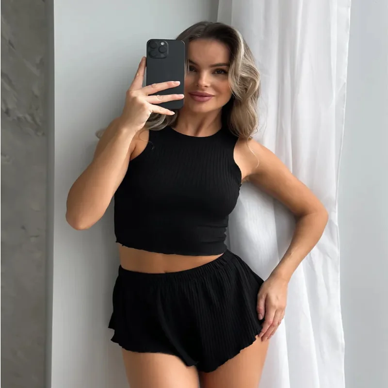 

New Women's Summer American Style Sexy Women's Ribbed Sleeveless Shorts Pajama Set Rolled Hem Homewear Summer Clothing