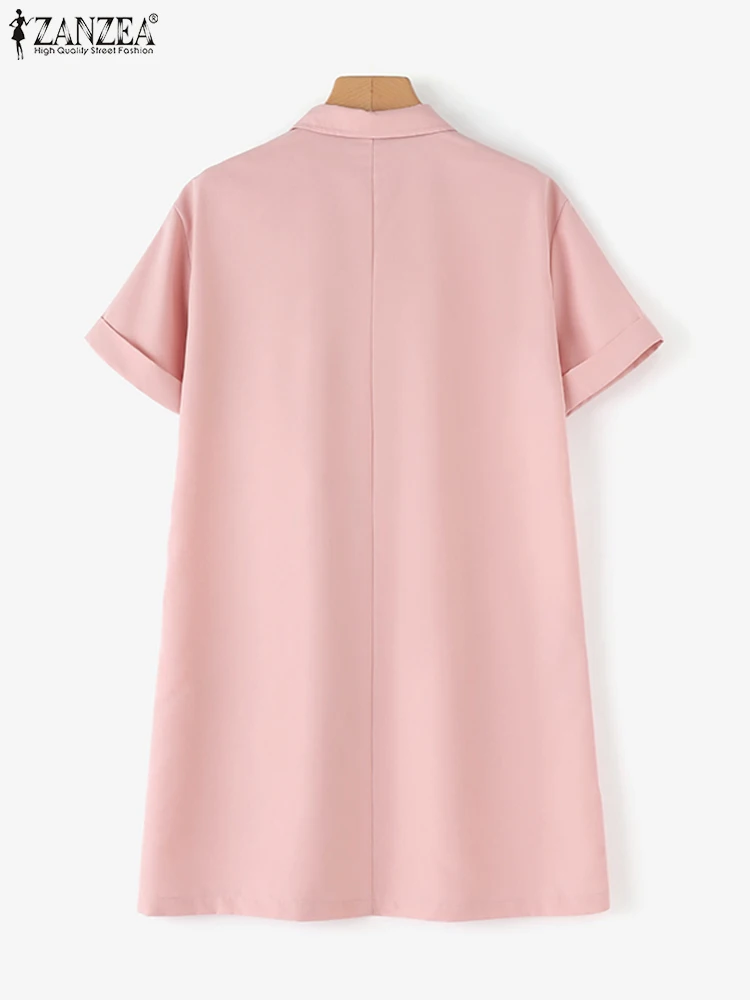 ZANZEA-Robe Chemise d'Été Décontractée pour Femme, Manches Courtes, lèvent vers le Bas, Couleur Unie, Longueur aux Genoux, Tenue Éducative, 2025