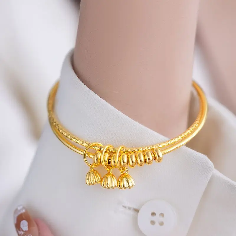 

Gold Plated Chinese Style Double Ring Lotus Seedpod Bead Bracelet for Women Vintage Elegant Luxury Hand Jewelry