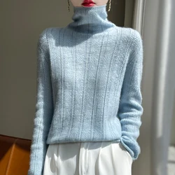 New sweaters in autumn and winter 100% pure wool women's high neck solid color jacquard fashion loose knit cashmere sweater