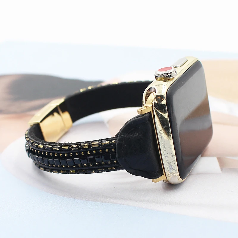 Leather Strap For Apple Watch band 44mm 40mm 42mm 38mm bracelet belt smart watchband iwatch series 6 5 4 3 se 7 45mm 41mm beads