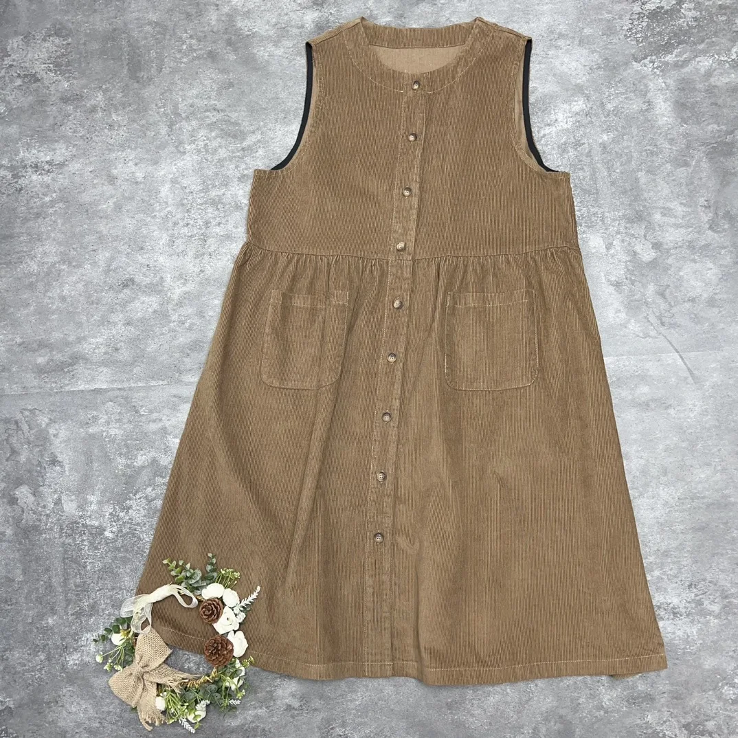 Johnature Corduroy button-down vestjurk voor dames Grote zakken Casual veelzijdige katoenen dames tankjurken