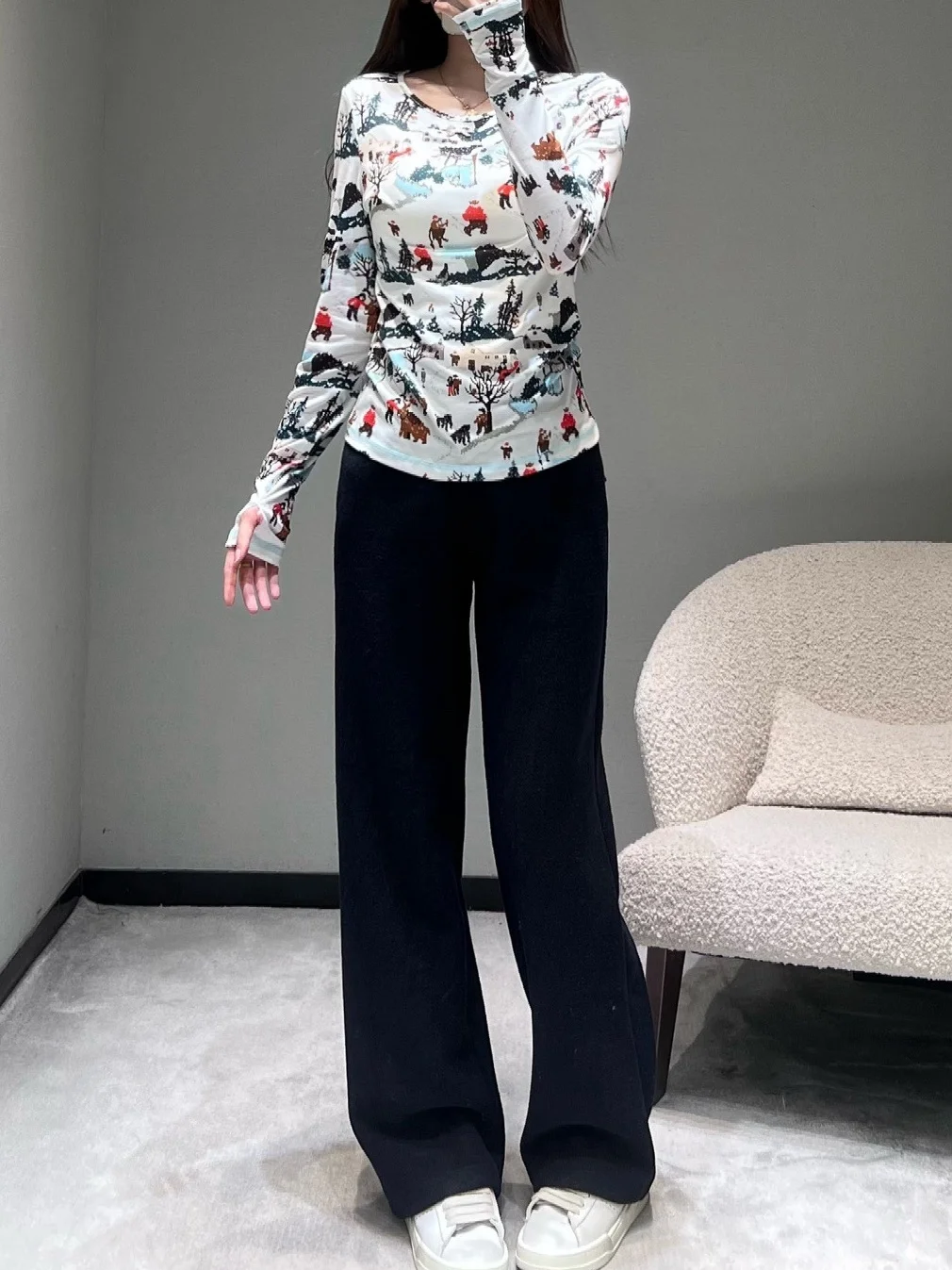 

Женская футболка Slim Fit с длинным рукавом и круглым вырезом, повседневный топ с принтом, новинка весенней коллекции, модная женская футболка