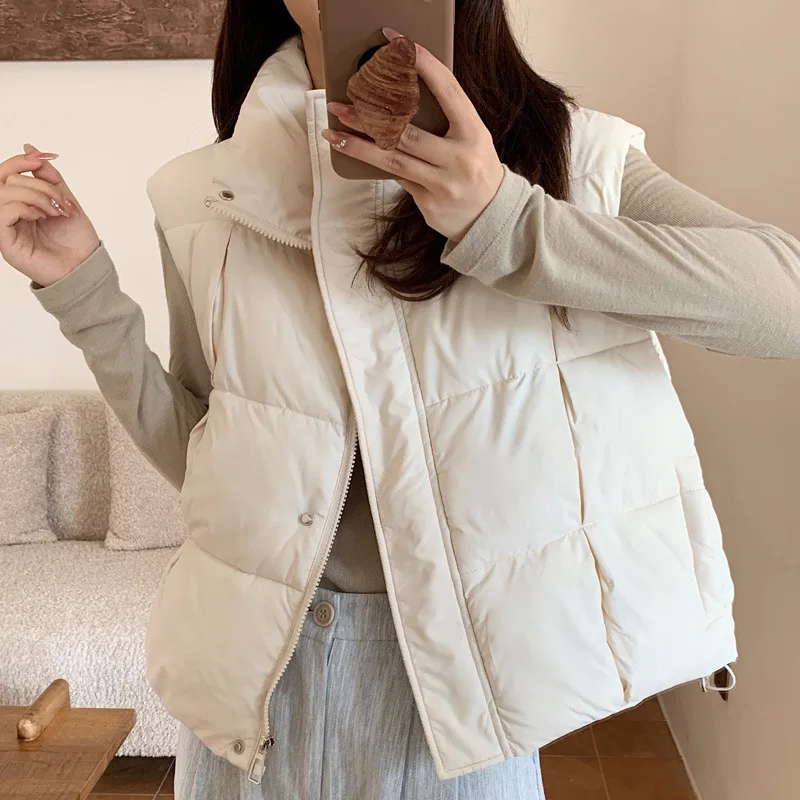 Solid Women Parkas Vest Coat Oversize Jacket Sleeveless Stand Collar Drawstring Hem Zipper Thick Loose Casual Autumn Winter 2025