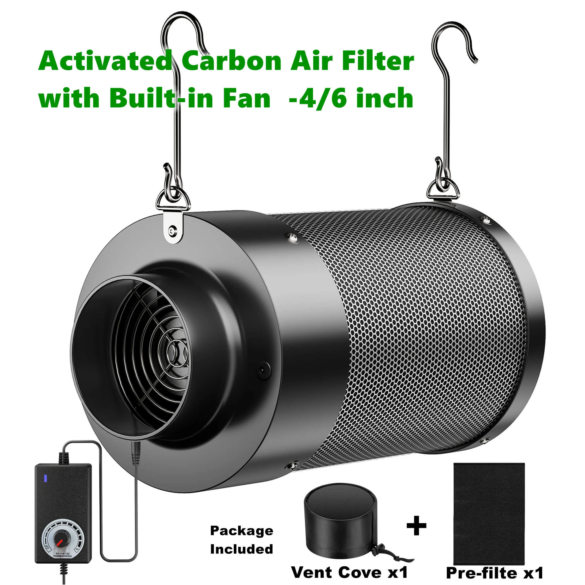 4/ 6 Inch Stepless Carbon Filter Fan System - 99% Odor Elimination for 2x2/ 4x4/ 5x5 Grow Tents & Home Use, 23dB Ultra Quiet