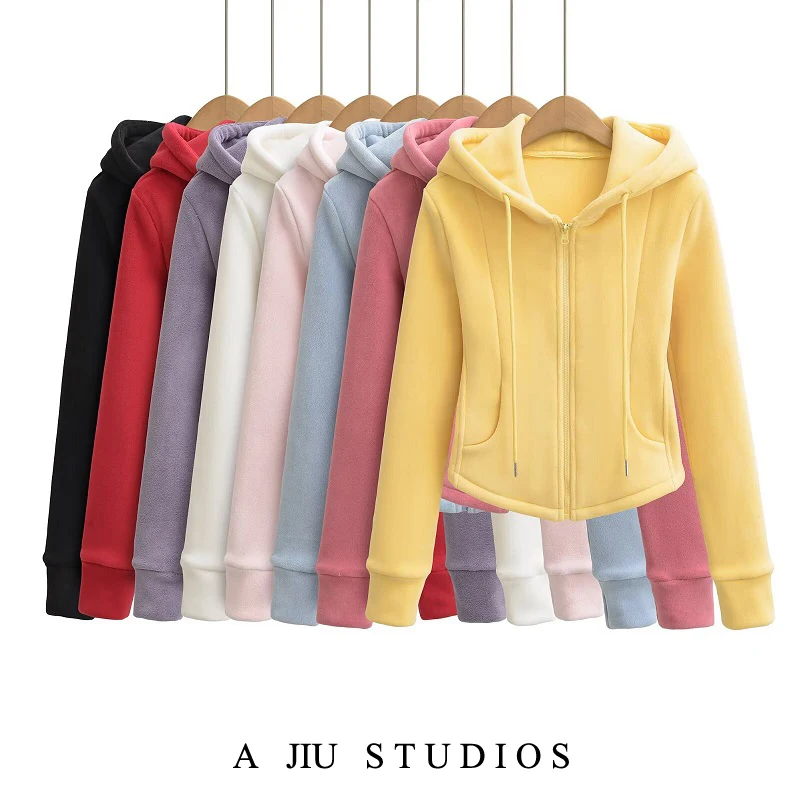 

American Sle Fce Hoodie Women's Autumn Winter Versatile Slimming Casual Zipper Open Cardigan Jaet Casual Sle Slim Fit