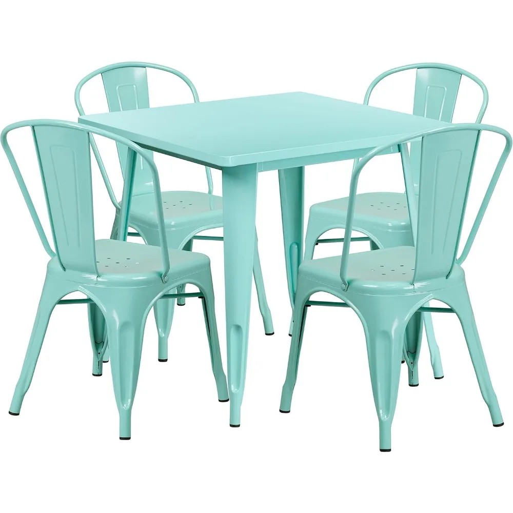 Commercial Grade 31.5 "Square Red Metal Indoor-Outdoor Table Set-4 Stack Chairs