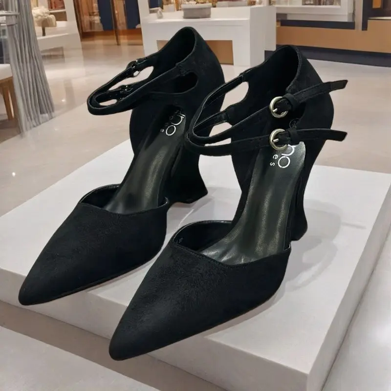 

FHC 2025 Spring New Flock Wedges High Heels,Women Pumps,Side Shallow Out Sandals,,Pointed Toe,Ankle Buckle Straps,Black,Dropship