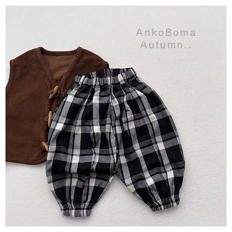Spring and Autumn New Boys and Girls Japanese Korean Polished Large Plaid Leggings Lantern Pants Children Versatile Casual Pants