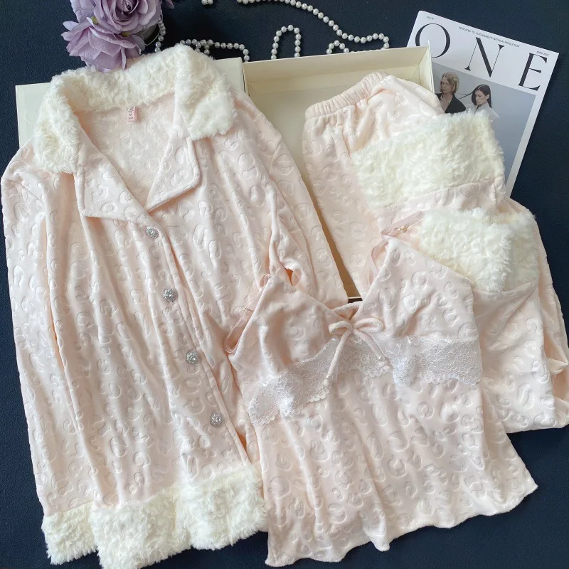 

Island Бархатные женские пижамы, комплект из 3 предметов, одежда для дома, элегантная сексуальная одежда для сна с кружевной отделкой, пижамный костюм, свободная повседневная домашняя одежда, пижама