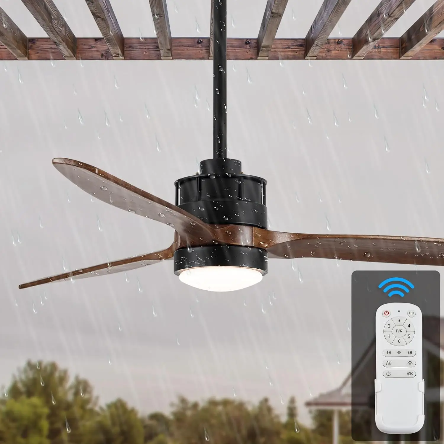 Outdoor Ceiling Fan with Light for Patios, IPX4 Waterproof, DC Motor w 6 Speeds, 3 Blade Wet Rated Ceiling Fans