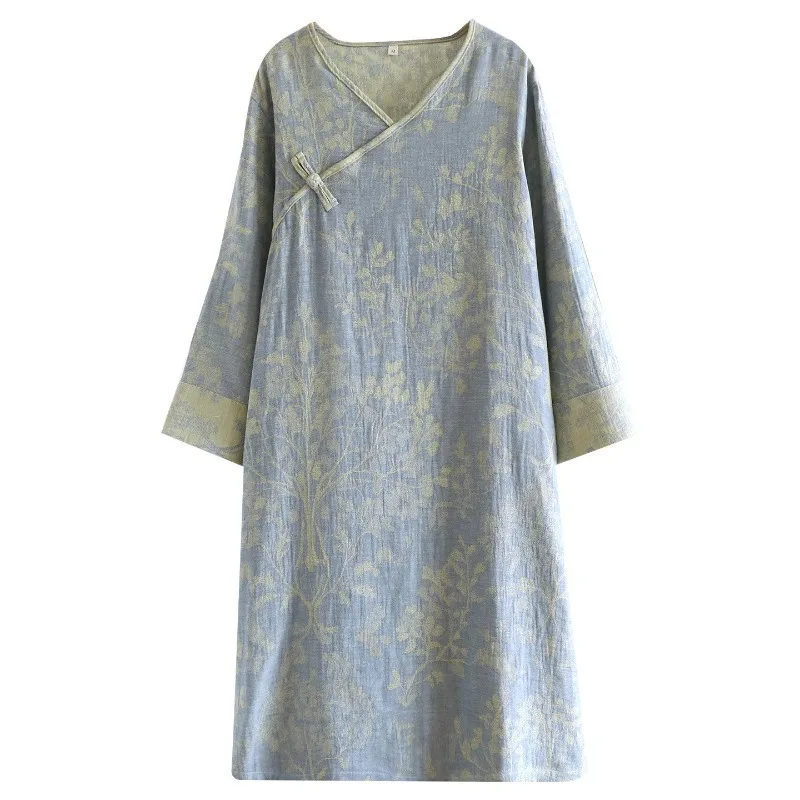 2026 New Spring And Autumn Sleeping Skirt 100% Cotton Gauze Retro Long Dress With Nine Sleeve Mid Length Home Dress Sleepwear view 4