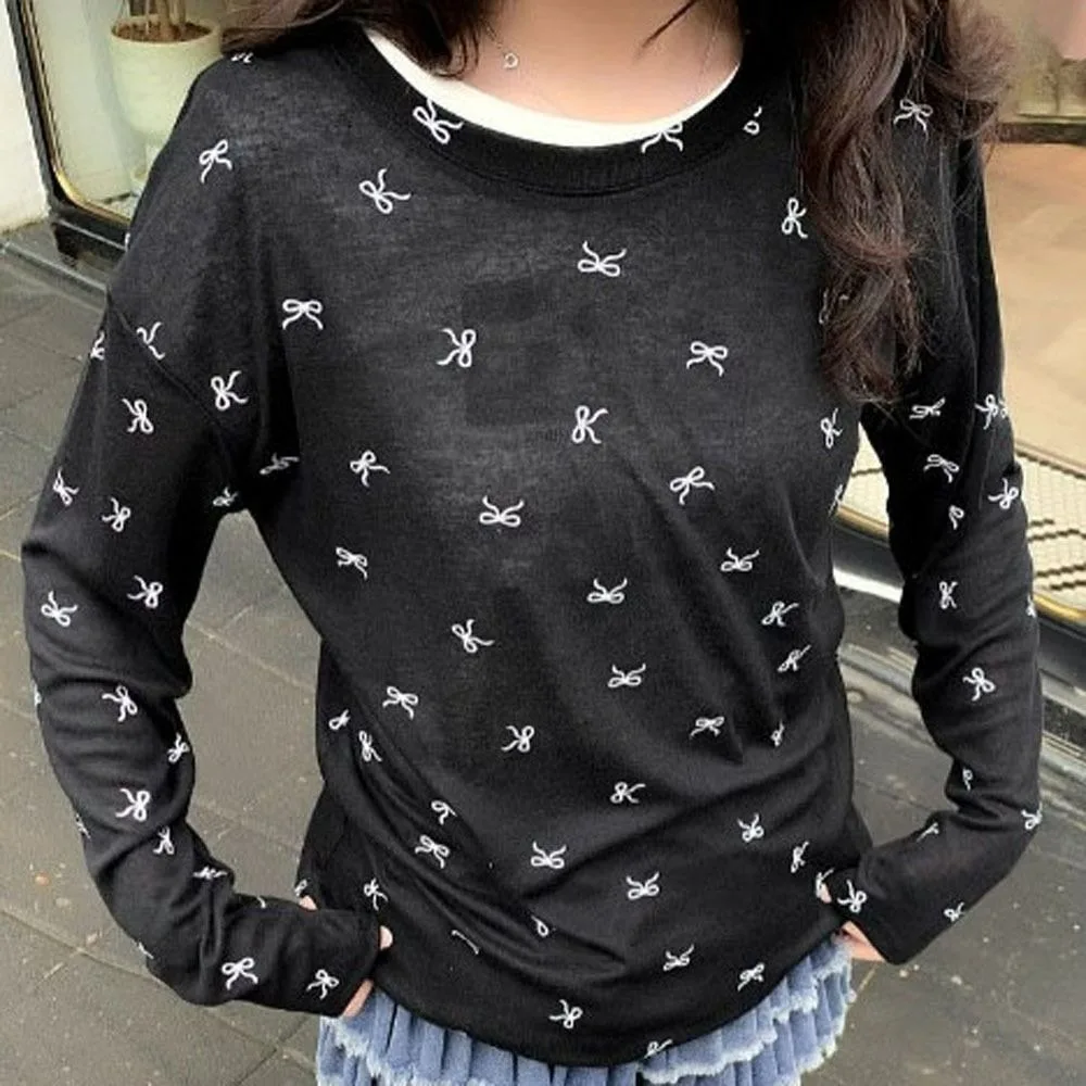 

Модные свободные футболки Y2k, нижние рубашки с бантом, женские прозрачные топы с круглым вырезом и длинными рукавами для девочек