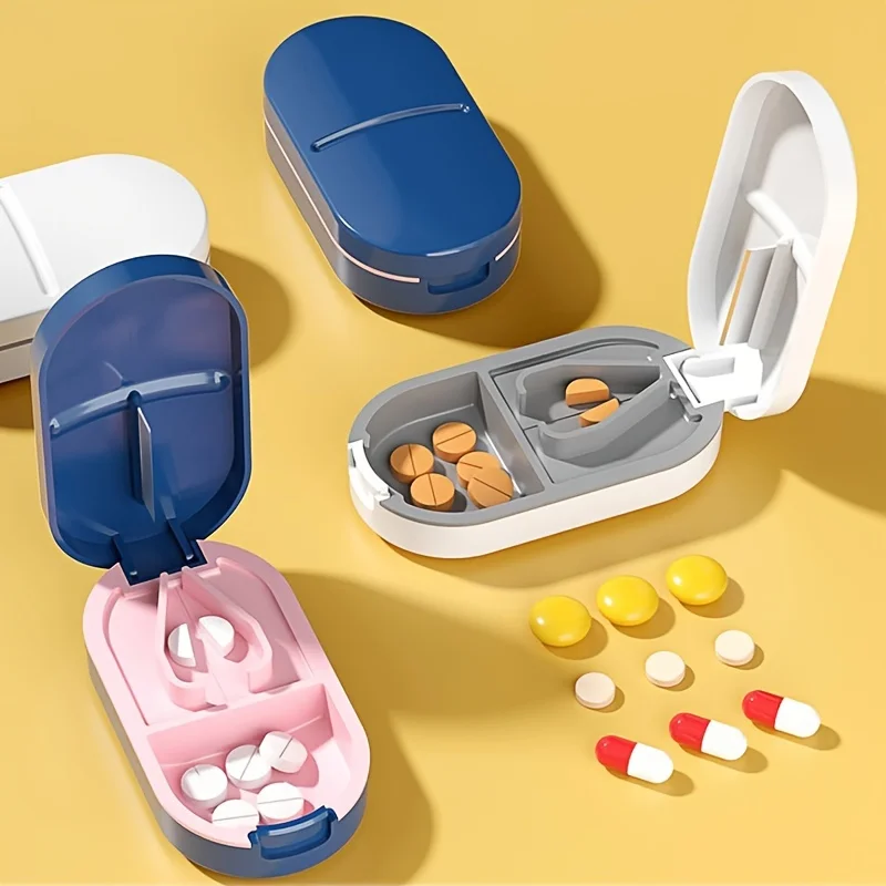 Mini Pill Case Tablet Pill Organizer Case 2 Grids Pill Box Dispenser Travel Tablet Holder Container Medicine Drug Tablet Cutter