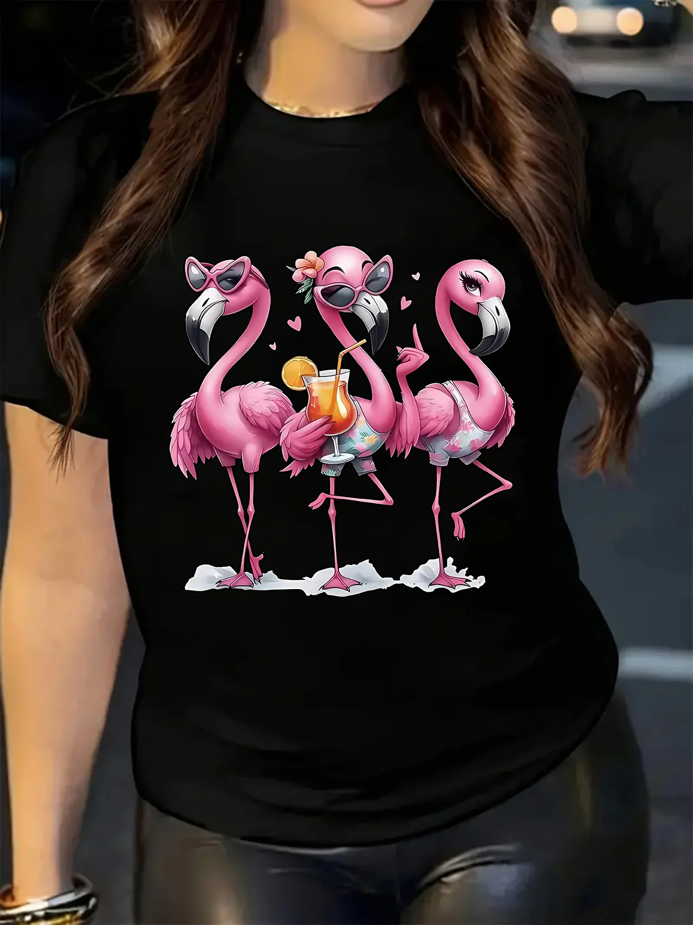 Three Fashion Flamingo Printed Women's T-shirts Casual Short Sleeved Round Neck Tops Daily Fashion Summer Women's Clothing