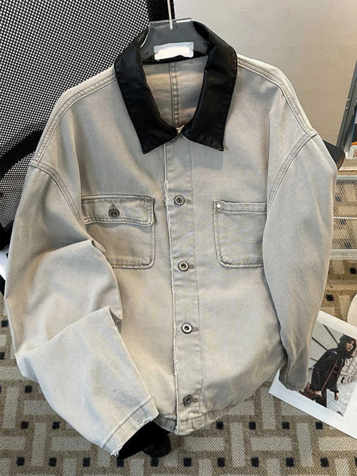 Veste en Jean bleu pour femmes, Vintage Harajuku, manches longues, surdimensionnée, vêtements d'extérieur Y2k, cuir Patchwork, manteau en Denim, automne