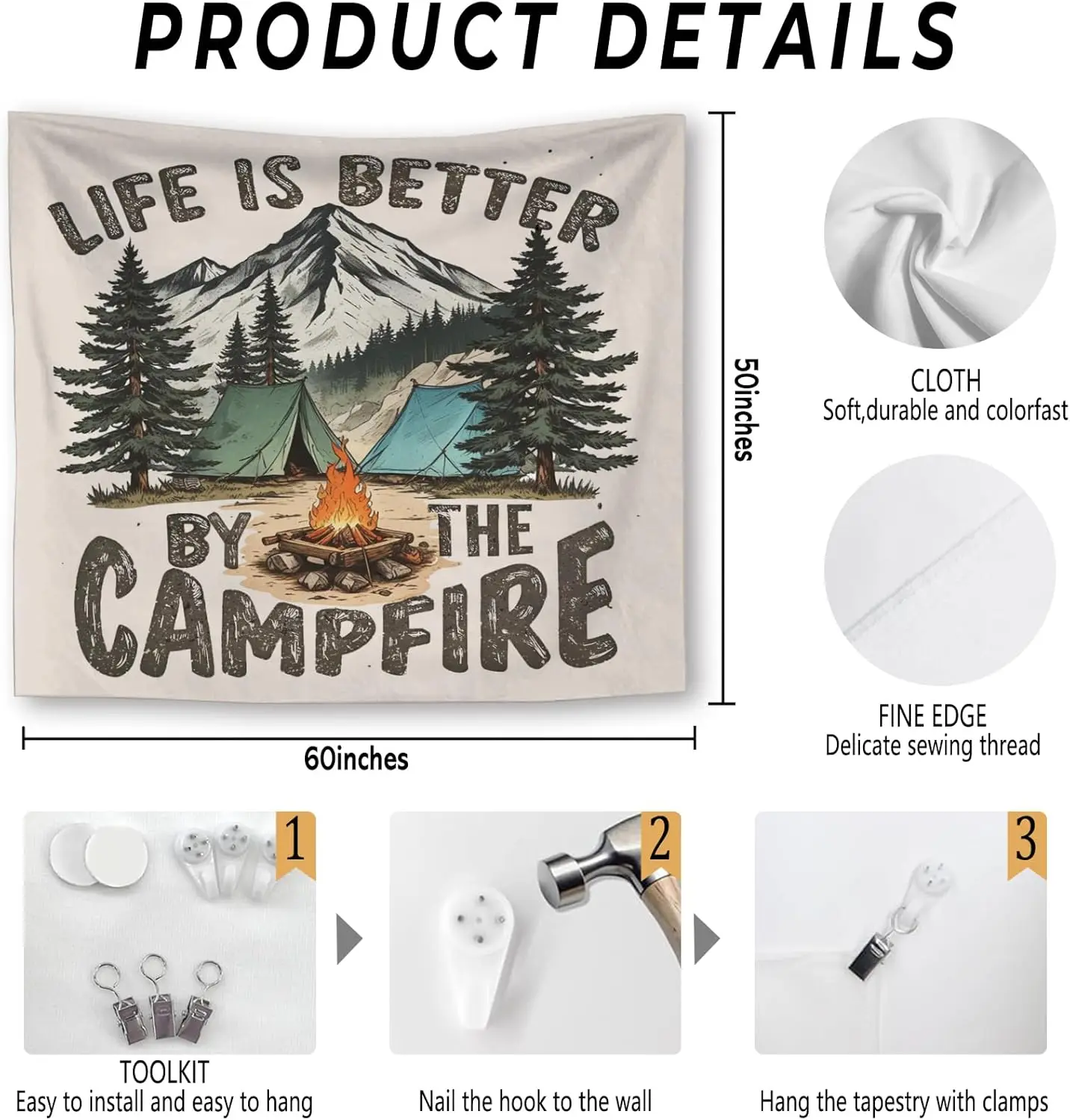 Life Is Better By The Campfire Camping Tapestry Boho Wall Decor Rustic Mountain Forest Outdoor Wall Art Polyester Hanging Fabric