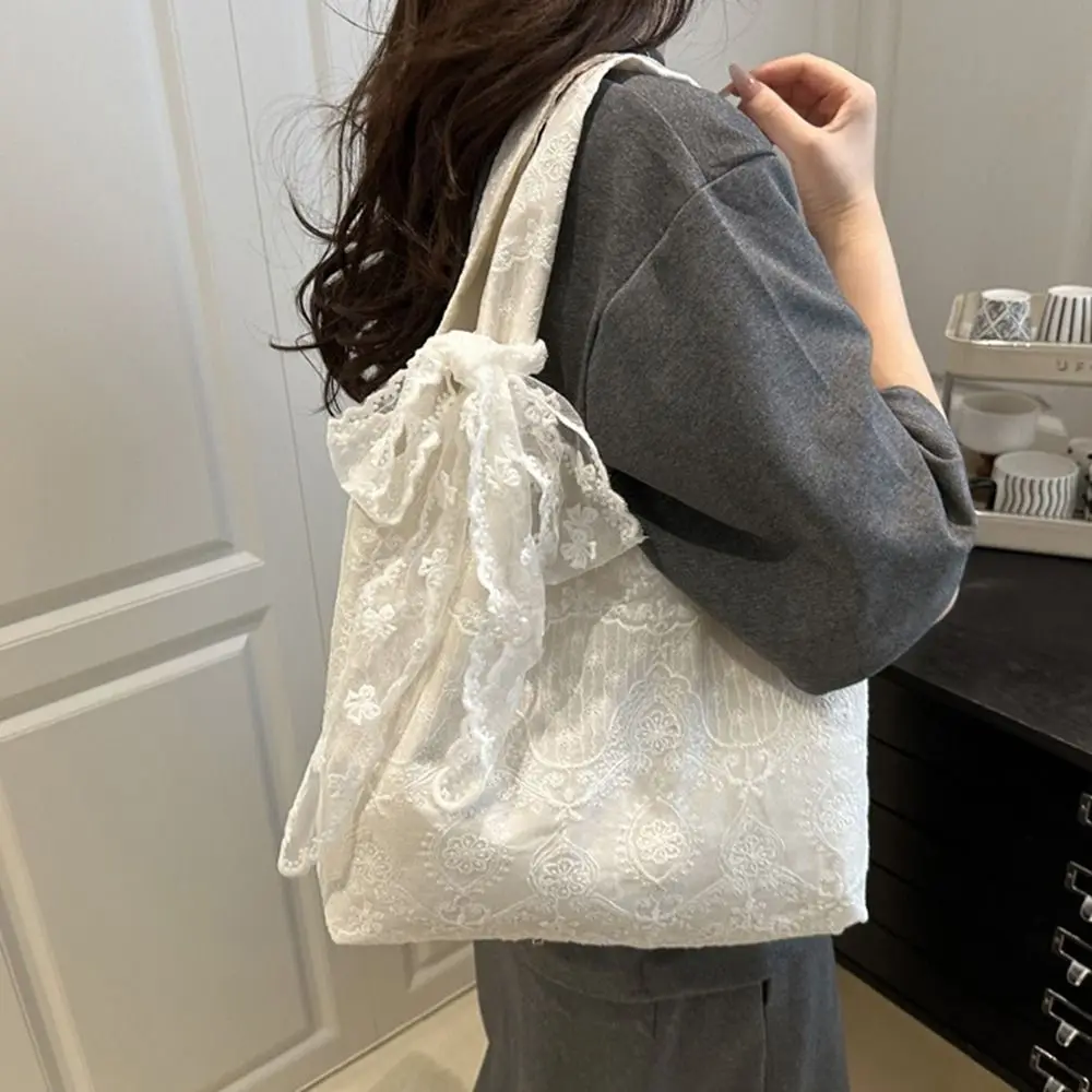 Shopping Tote Bag Lace Shoulder Bag Korean Style With Ribbon Simple Canvas Handbag Kawaii Cloth Large Capacity Bag Couple