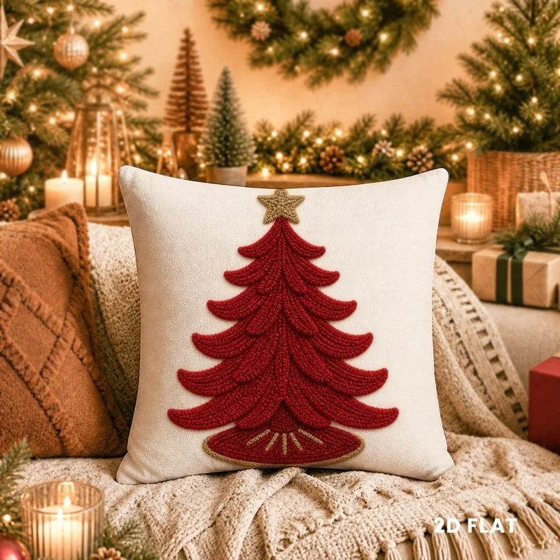 2/1 Piece Red Christmas Tree Themed Pillow Cover, 2D Flat Single-Sided Print, Pillow Cover Only, Off-White Background with a Festive and Warm Decorative Style, Suitable for Living Room Sofa Decor, Guesthouse Room Decor, and Apartment Living Areas, Pillow Insert Not Included