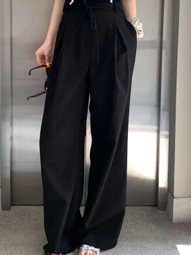 

Шикарные винтажные утягивающие брюки с высокой талией и поясом, плиссированные дизайнерские прямые брюки, широкие брюки, женские брюки длиной до пола