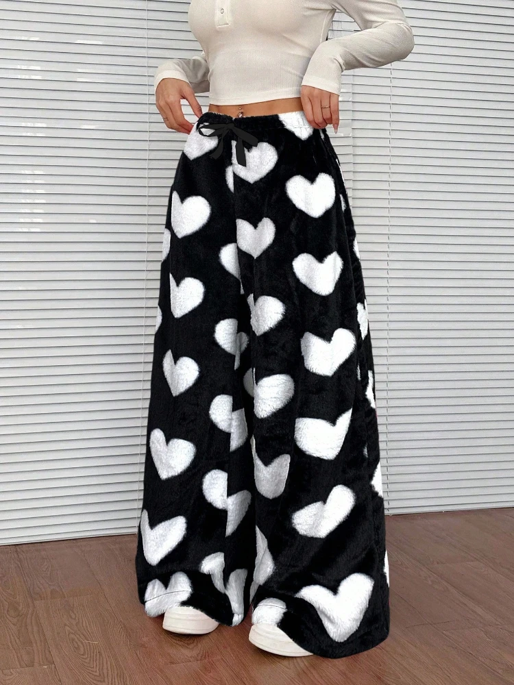 Women Fashion Spring Casual Trousers Elastic Waistband Drawstring Tie Pajama Bottoms Leopard Print Wide Leg Lounge Pants