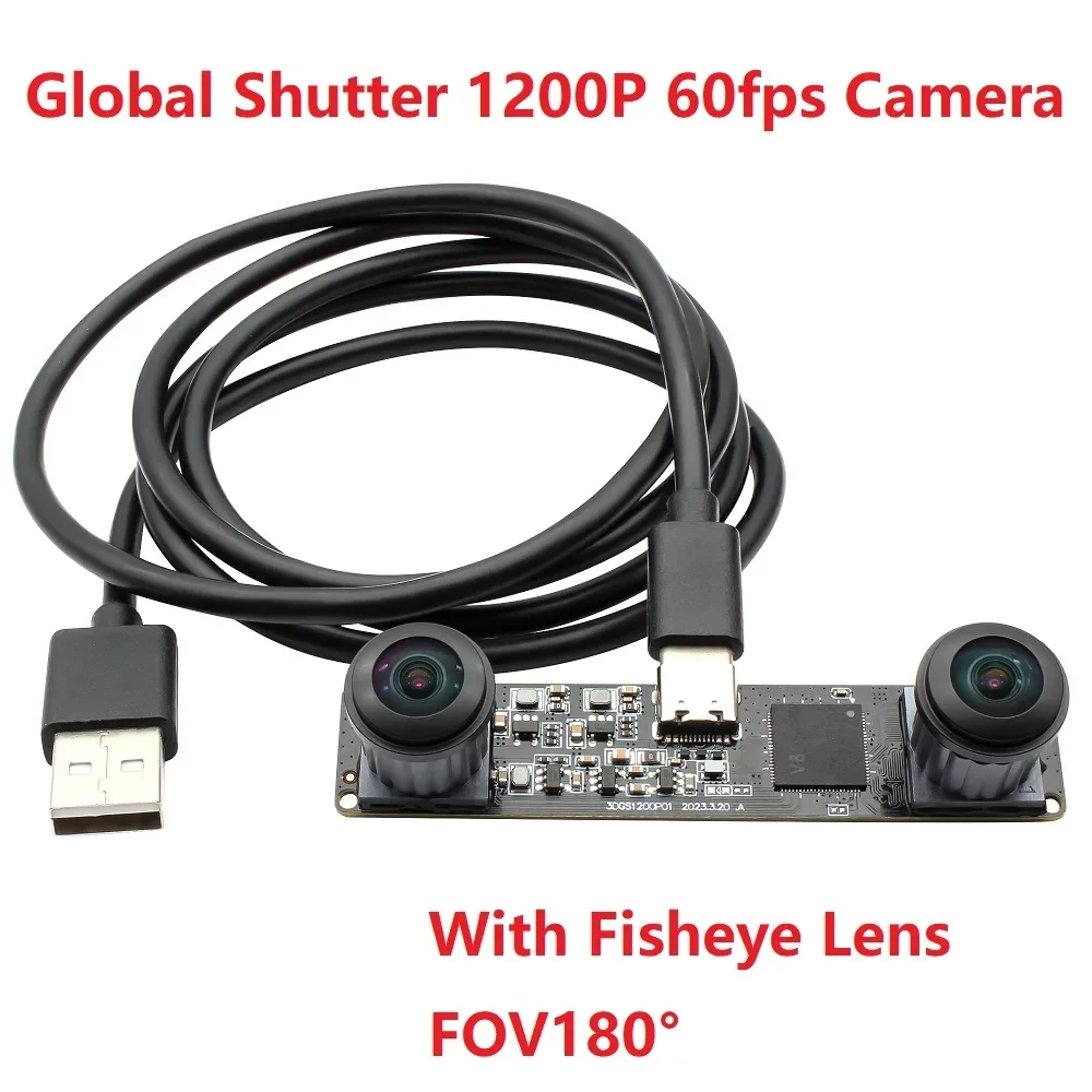 

ELP Global Shutter 3D Stereo Synchronized Dual Lens USB Camera 1200P 60fps 600P 120fps USB Webcam with 180degree Fisheye Lens