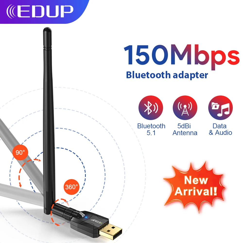 EDUP USB Bluetooth Adapter 150M 2.4Ghz Bluetooth 5.1 Wireless Dongle Adapter Long Range Speaker Audio Receiver For Laptop PC