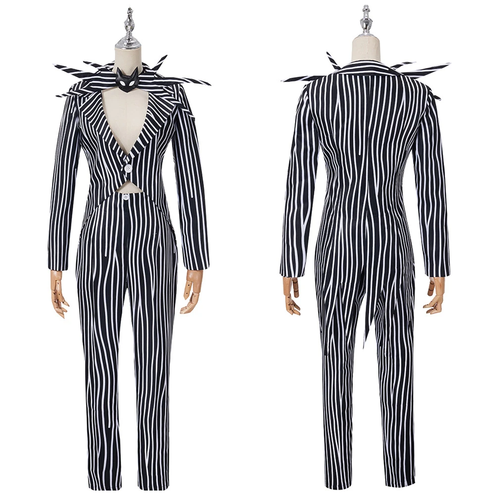 Jack Skelington Cosplay Costume for Men Women Striped Top Pant Outfit Halloween Party Uniform Suit