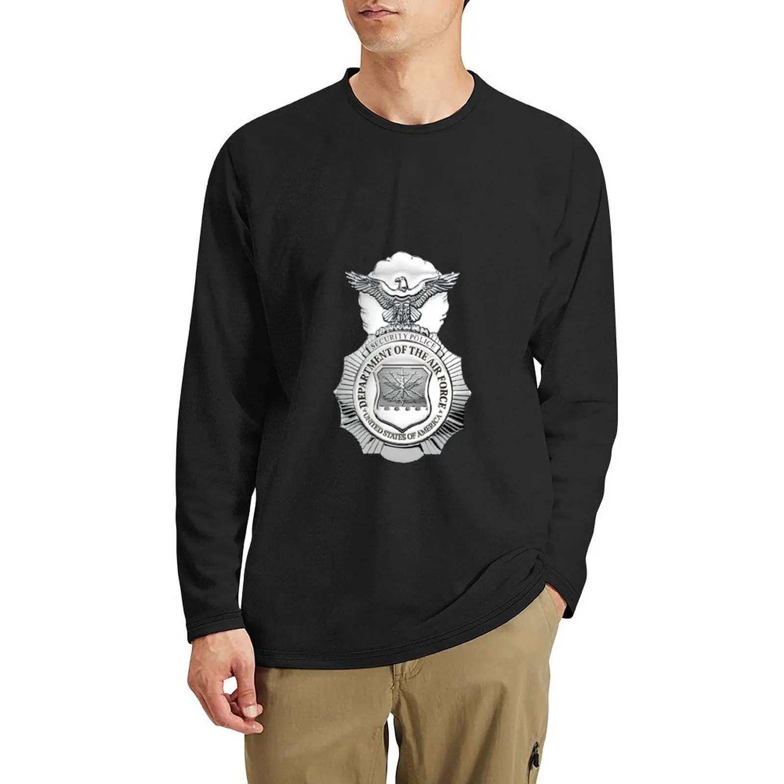 

U.S. Air Force Security Forces - SECFOR Badge over White Leather Long T-Shirt kawaii clothes graphics t shirt mens t shirts