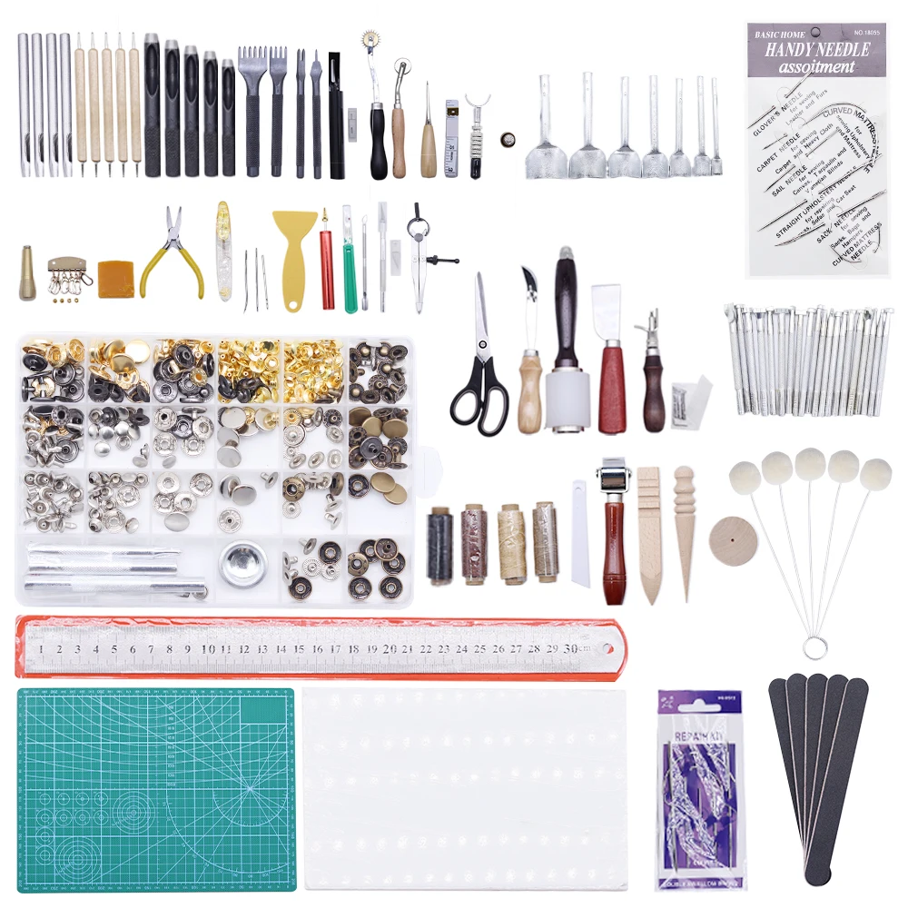 

366 Pieces Leather Crafting Working Kit Tools Craft Stamping Prong Punch, Hole Hollow Punch, Matting Cut DIY Leather Artwork