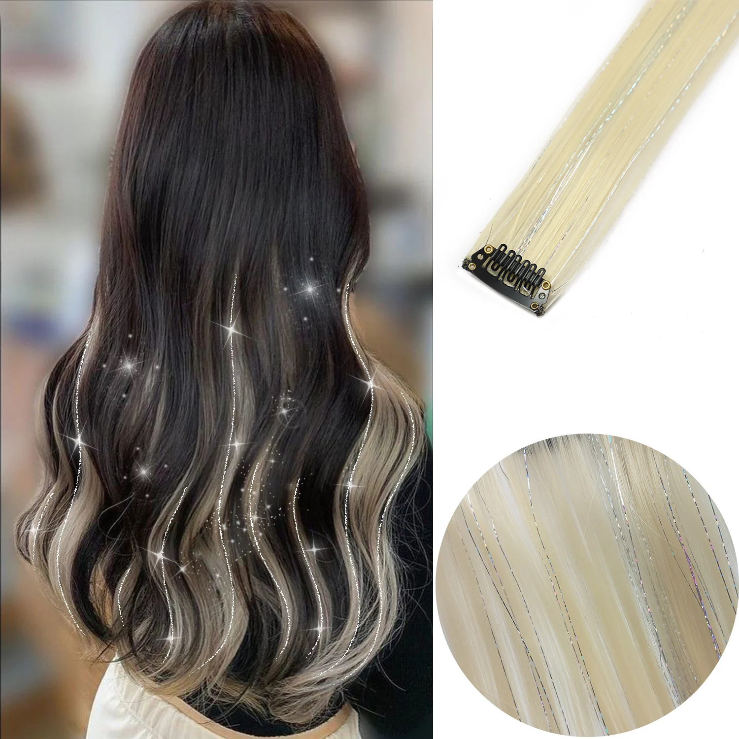 Clip in Colored Hair Extensions Mixed Silver Tinsels Synthetic Rainbow Hairpiece Holiday Party Highlights for Women Girls