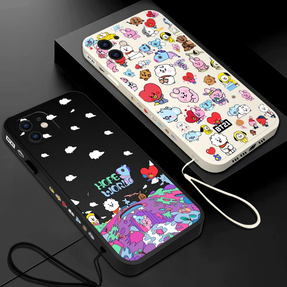 Cartoon Phone Case For iPhone 16 15 14 13 12 11 Pro Max Mini X XR XSMAX 8 7 6S Plus Soft Silicone Cover BTS With Hand Strap