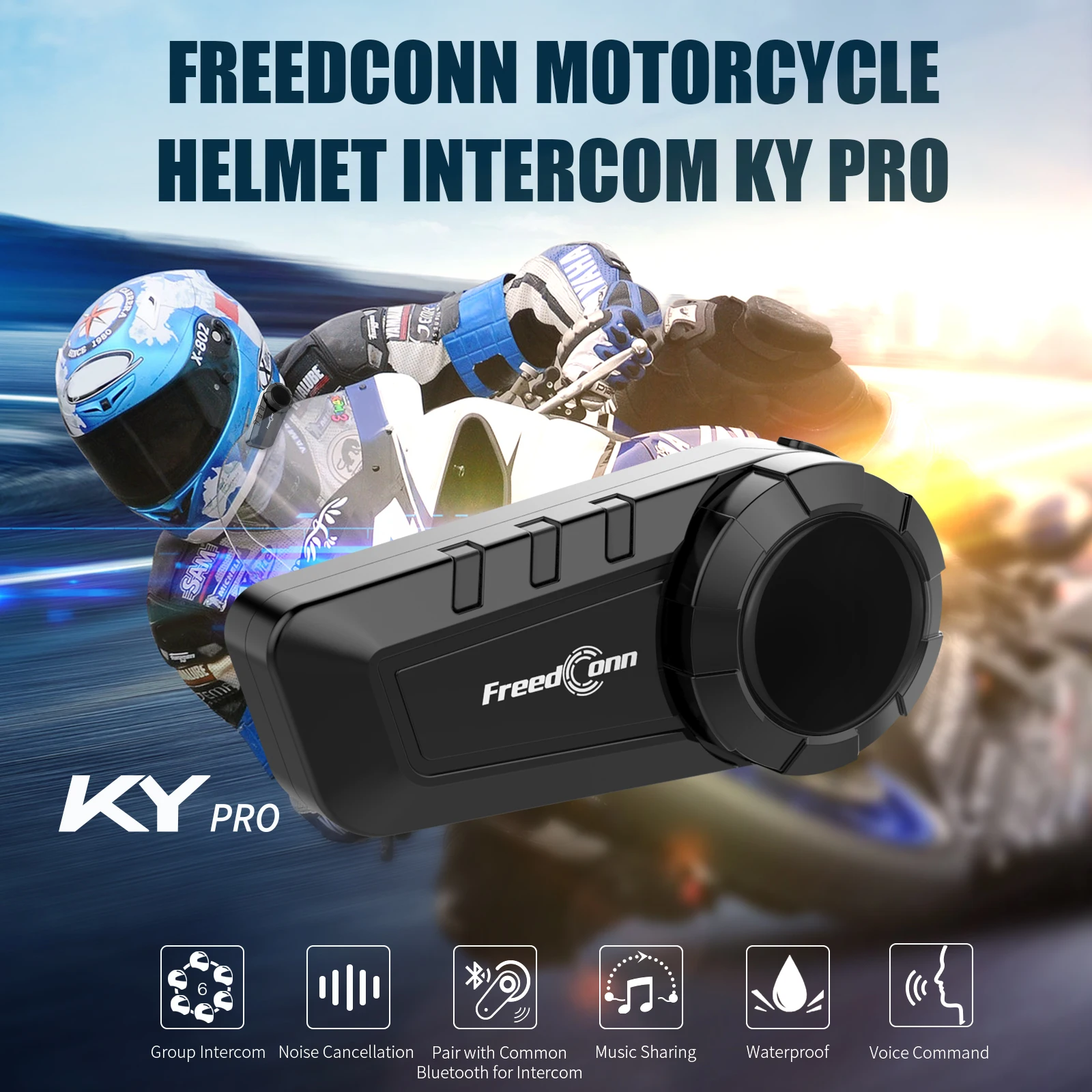 Freedconn – oreillette Bluetooth KY Pro pour Moto, appareil de communication pour casque, Intercom étanche pour groupe de 6 motocyclistes