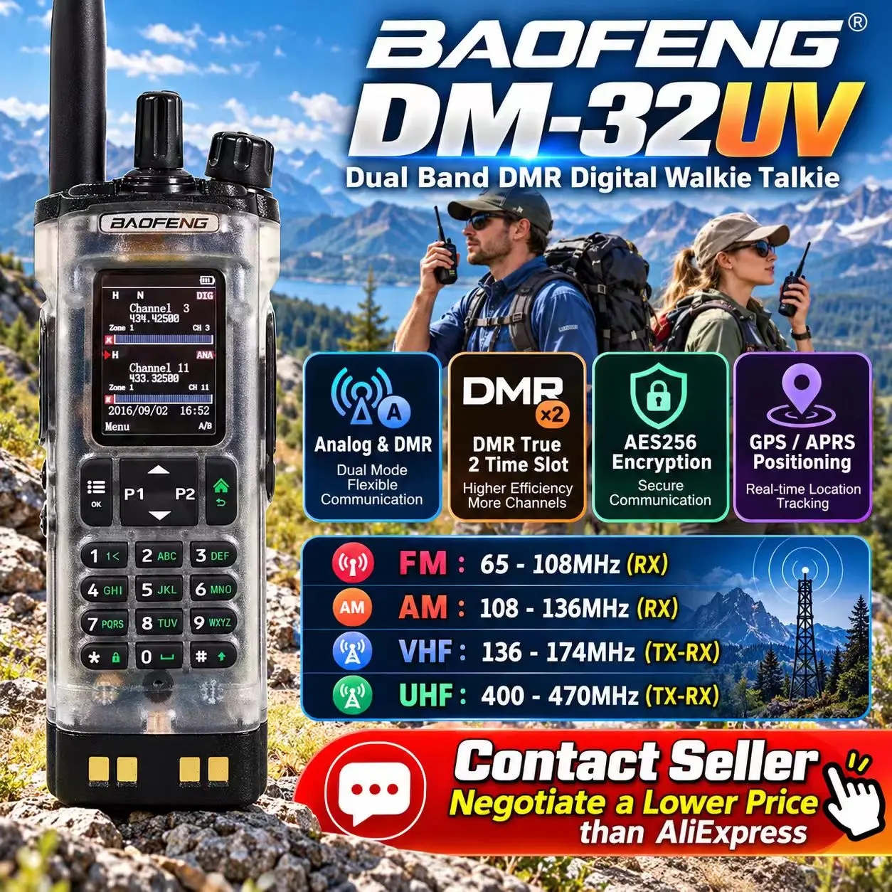 US Warehouse Baofeng DM-32UV DMR Digital Radio VHF UHF GPS APRS SMS AES256 Encryption Dual Slot Communication Device