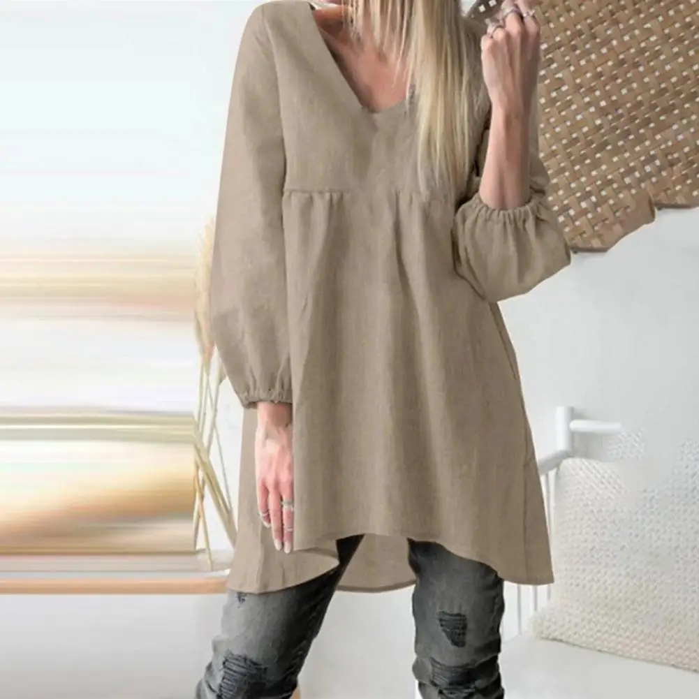 Women V-neck Lantern Sleeve Shirt Stylish Women's V-neck Pleated Lantern Sleeve Shirt in Solid Color for Streetwear for Everyday