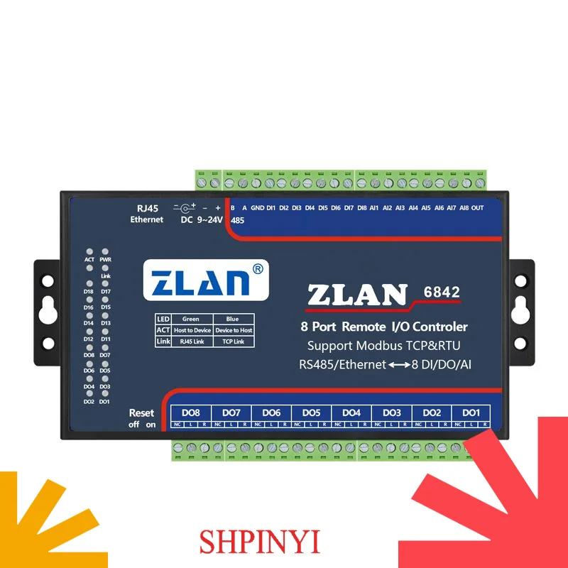 8 DI DO AI Modbus TCP Ethernet RJ45 Remote Module ZLAN6842 for Communication & Networking