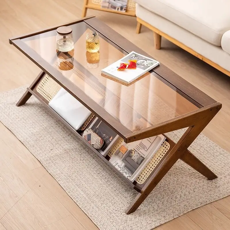 120X56X44CM Large Japanese Tea Table Living Room Brown Solid Wood With Toughened Glass Bamboo Rattan Accents Dropshipping DDP